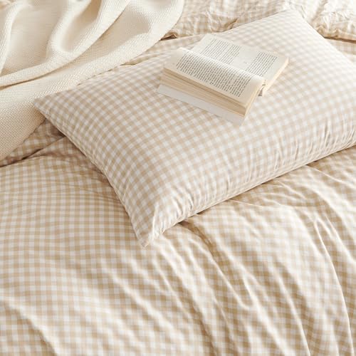 Image of Gingham Duvet Cover Full Size Beige Plaid Checkered Bedding Set 3 Pieces Vintage Grid Soft Lightweight Microfiber Comforter Cover Set with Zipper Closure and 2 Pillowcases