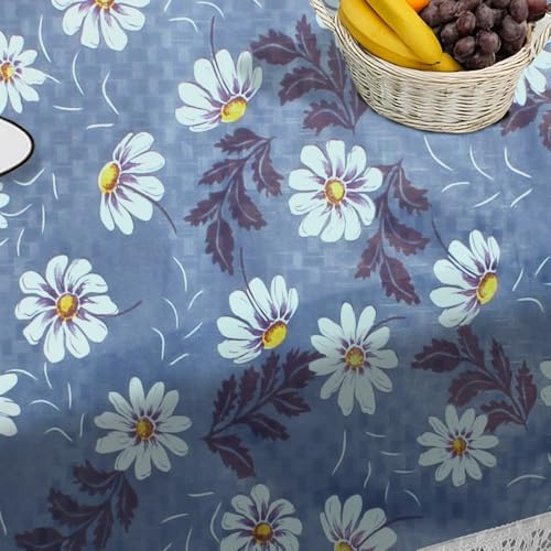 Image of The Furnishing Tree Waterproof PVC Rectangle Shaped 10 Seater Table Cover WxL 60x120 inches Floral Pattern Blueish Grey with White Border lace