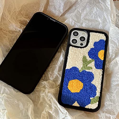 Aaknhen Chic Flower Embroidery Cloth Phone Case Compatible With Iphone 13 Pro Max Fabric Phone Case Floral Pattern For Girls Women Dirt-Resistant,Anti-Fingerprint Winter Back Cover(Klein Blue Flower) #TOP3
