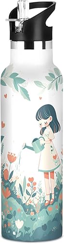 Botella de agua ligera para niños con diseño de dibujos animados, con pajilla, doble pared aislada al vacío para deportes, viajes y escuela