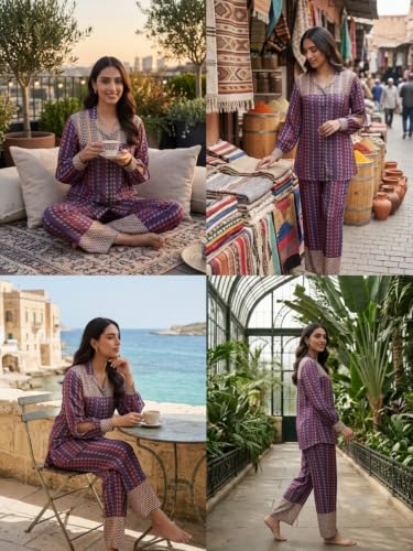 Image of GRECIILOOKS Co Ord Set for Women Stylish Printed Lounge Wear | Relaxed Fit French Crepe Coord Set for Women with Collared Shirt & Pants | Premium Travel Airport Vacation Western Outfit