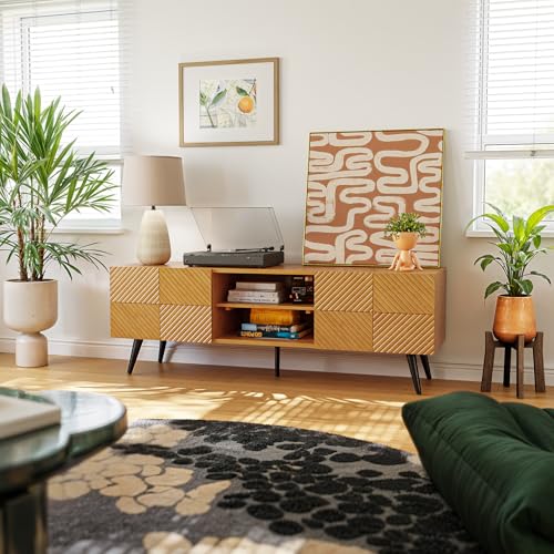 Image of Bme Rhombus Wooden TV Stand with Storage Cabinets - Solid Rubber Wood, Geometric Rhombus Pattern Doors, Scandinavian Modern Entertainment Console with Metal Base