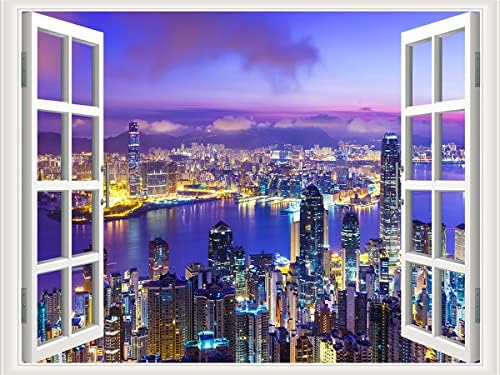 THNWSY Self-Adhesive Wall Sticker Romantic Living Room Bedroom Study Office Decorative Wall Sticker Ocean Scenery Fake Window Sticker Mural (17.3"×27.6", City Night)