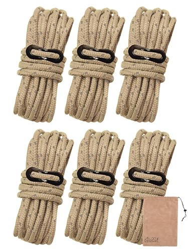 DaLaCa パラコード テントロープ タープロープ ガイロープ 反射材入り 太さ 4mm / 5mm 長さ 4m 6本 / 8本 / 10本 セット 耐荷重 300kg 自在金具 収納袋 付き(カーキ6本)