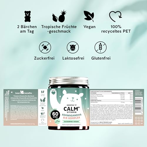 Keepin'It Calm Vitamin - Ashwagandha 1800mg mit Vitamin B1, B2, B6, B12 - mit Withanolide - Schlafbeere - 60 Stück (1 Monat Vorrat) - Zuckerfrei, Vegan - Bears with Benefits