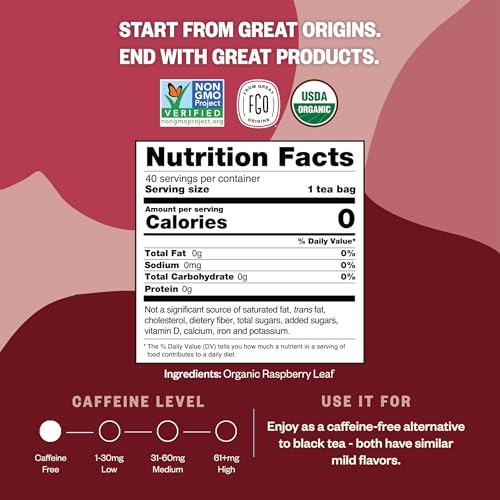 Image of FGO Organic Red Raspberry Leaf Herbal Tea, 40 Count, Eco-Conscious Tea Bags, Caffeine Free (Pack of 1)