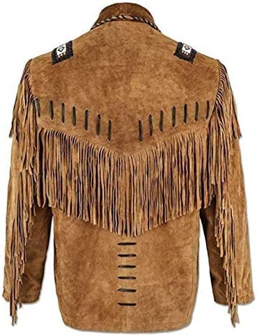Image of Mens Traditional Western Cowboy Suede Leather Jacket | Classic Native American jacket Coat with Beaded Fringed