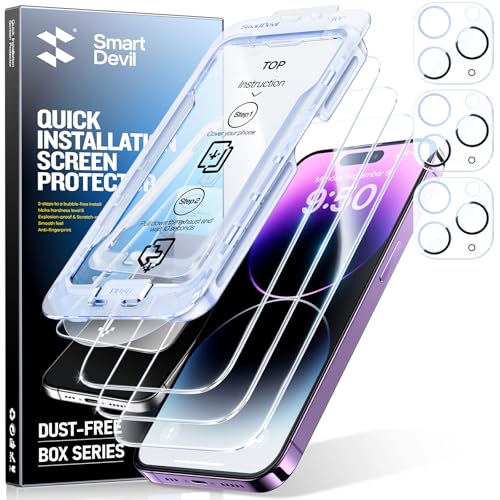 Image of SMARTDEVIL (3+3 Pack HD Clear Screen Protector for iPhone 14 Pro Max with 3 Camera Lens Protectors, 9H Tempered Glass, Shatter-Resistant, SmartPull Dust & Bubble-Free Install Frame, Case-Friendly