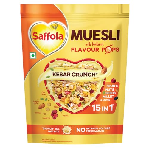 Image of Saffola Muesli Kesar Crunch with Flavour Pops, 450 gm | 15 in 1 Fruit and Nuts, Seeds, Millet & more | Cereals for breakfast with wholegrain, protein, fibre