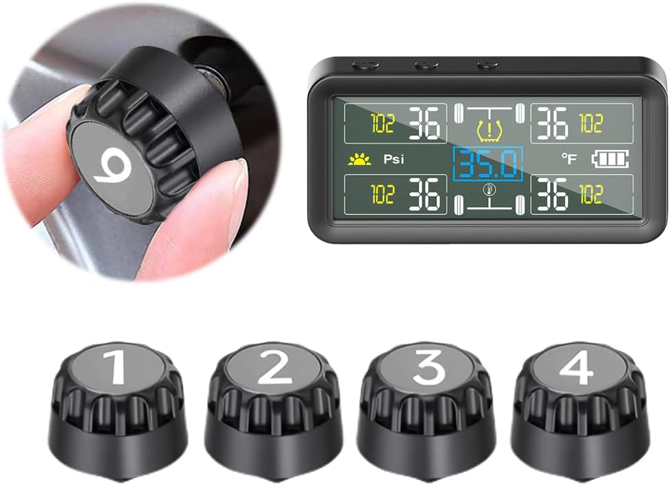 RV Tire Pressure Monitoring System, Tire Pressure Monitor with Solar Charge, TP-MS with 4 Sensors & Alarm Modes, New Updated w/Color LCD Display, 0-87PSI for RV/Trailer/Truck/SUV