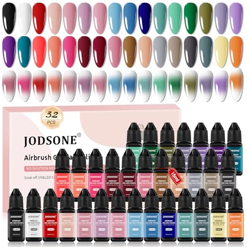 JODSONE 32 Colors Airbrush Gel Nail Polish Kit No-Dilution Airbrush for Nails Set Fine Mist NailIdeal for Home or Salon Use Nail Art Design Salon Kit