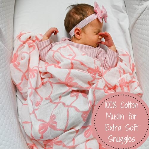 Image of LollyBanks Muslin Swaddle Blankets 2PACK, 100% Cotton Baby Blanket 47 x 47 Inches, Large Baby Swaddle Breathable, Muslin Blankets for Girls (Pink Bow and Chinoiserie Print)