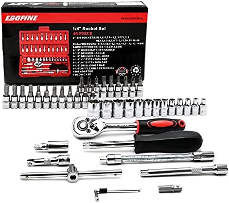 Egofine 46 Pieces 1/4 inch Drive Socket Ratchet Wrench Tool Set, with Bit Socket Set Metric and Extension Bar for DIY, Auto Repairing and Household, with Storage Case