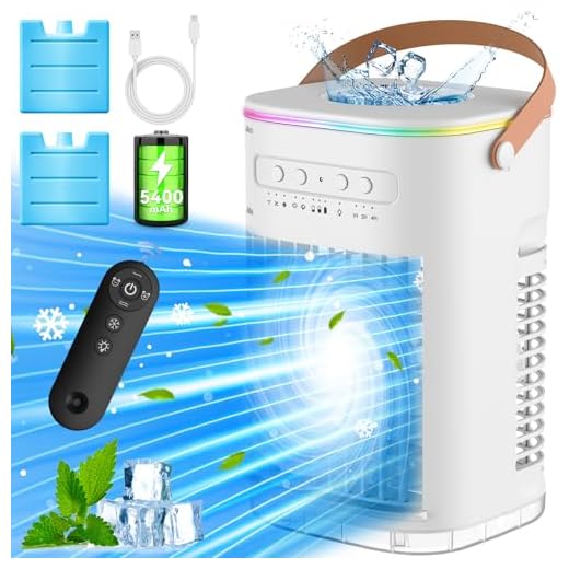 FANCOLE Small Air Conditioner, 5400mAh Built-in Battery Evaporative Air Cooler, 2Ice Packs, 7H Timer Smart Auto-Off &Remote, 7Lights, 1200ML Water Tank, 2-Level Mist, 3-Speed Personal Air Conditioner