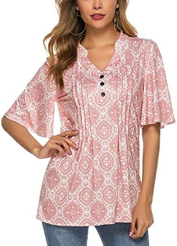 HOCOSIT Women's Floral Print Short Ruffle Sleeve Pleated Front V Neck Button Tunic Tops