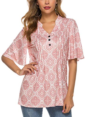HOCOSIT Women s Floral Print Short Ruffle Sleeve Pleated Front V Neck Button Tunic Tops Pink