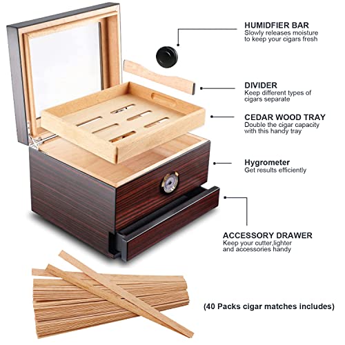 Cigar Humidor Box, Spanish Cedar Cigar Humidor Storage Box Holds 50-60 Cigar Humidors, Keeps 65% - 72% Like Humidity With Glass Top Humidors, Stable Hygrometer, Humidifier And Accessory Drawer. #TOP27