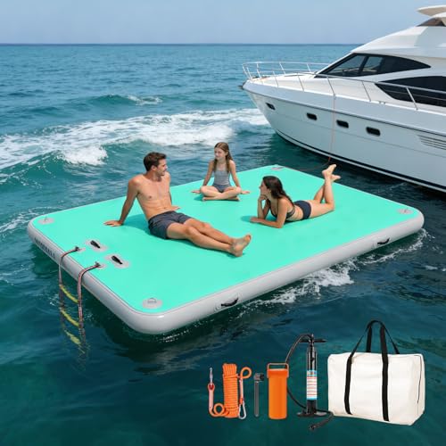 Inflatable Floating Dock, Water Island Float Raft Mat with Non-Slip Surface, 5FT/8FT/10FT Air Deck Platform, 6 Inch Thick for Pool, Lake, River, Beach, Ocean (Mint Green, 5 ft x 6.6 ft x 6')