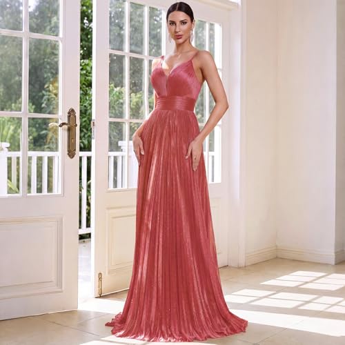 Image of Sexy Backless Maxi Formal Dress for Women with Sequin, Sleeveless Pleated Evening Gowns for Wedding and Cocktail