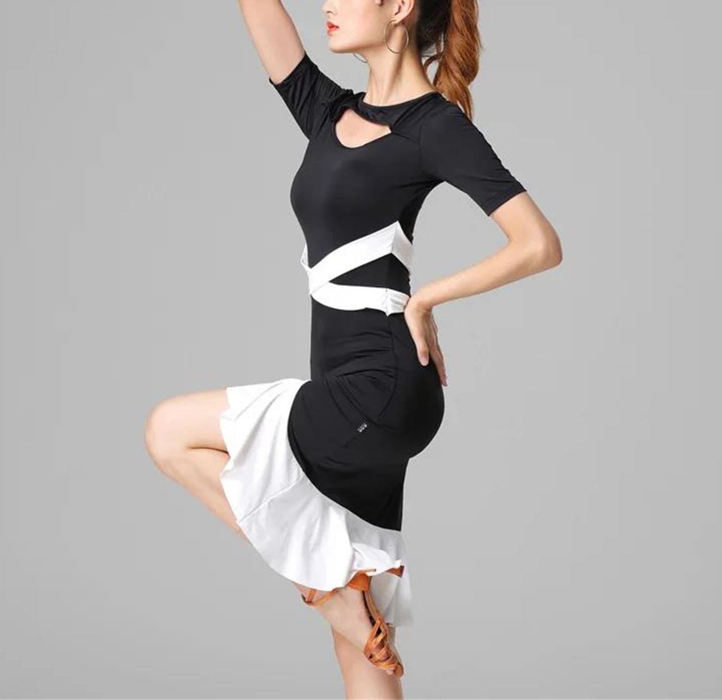 Women Block Colors Latin Dress Summer Short Sleeve Irregular Comfortable Outfit for Latin Dance Performance