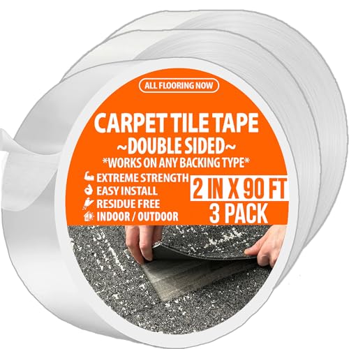 Image of Carpet Tile Tape Double Sided 2in x 90ft (3 Pack) Heavy Duty Reinforced Web Mesh & Residue Free - Indoor Outdoor for Carpet Tiles, Hardwood, Vinyl, Rugs, Carpet, Rubber & Mat Gripper