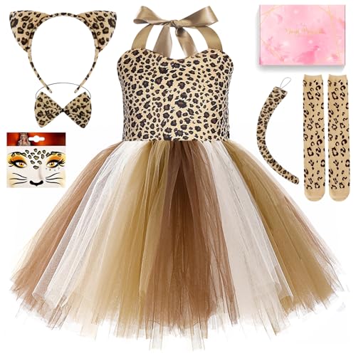 TOSZOLY Deguisement Animaux Enfant, Robe Princesse Fille avec Jupe Tutu, Queue,Tatouages Temporaires, Ensemble de Costume Animaux pour Anniversaire Halloween Carnaval Cosplay (110, Guépard)