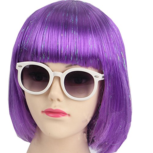 KOLIGHT Purple Short Bob Wig with Bangs 10 Inch Glitter Straight Synthetic Hair Wig for Women Cosplay Party Costume Wig with Cap & Comb (Purple)