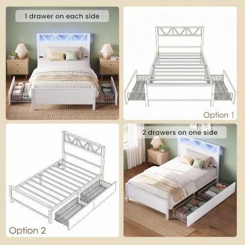 Image of LIKIMIO Twin XL Bed Frames with 2 Storage Drawers, Lights, Charging Station
