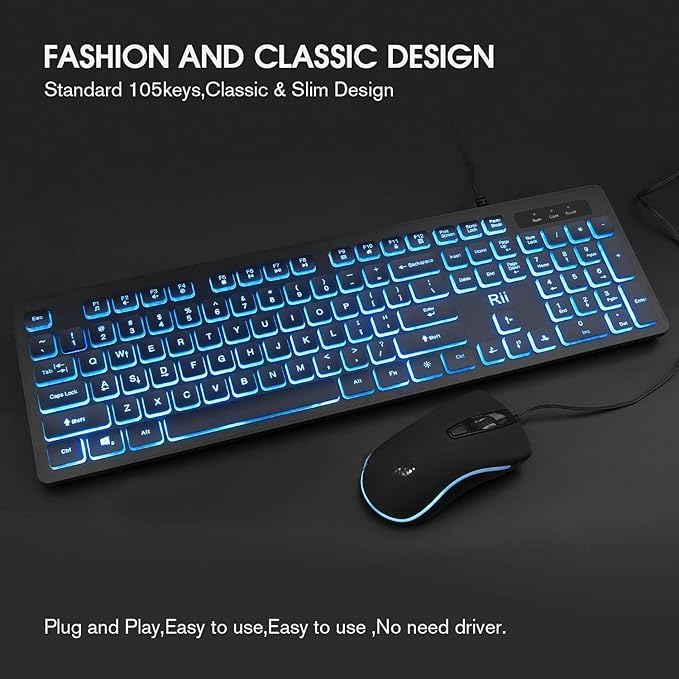 Image of Color Backlit Wired Keyboard & Mouse Combo USB Quiet-Typing Keyboard, RGB Optical Mouse, Compatible with PC /Laptop for School, Office, Business & Gaming