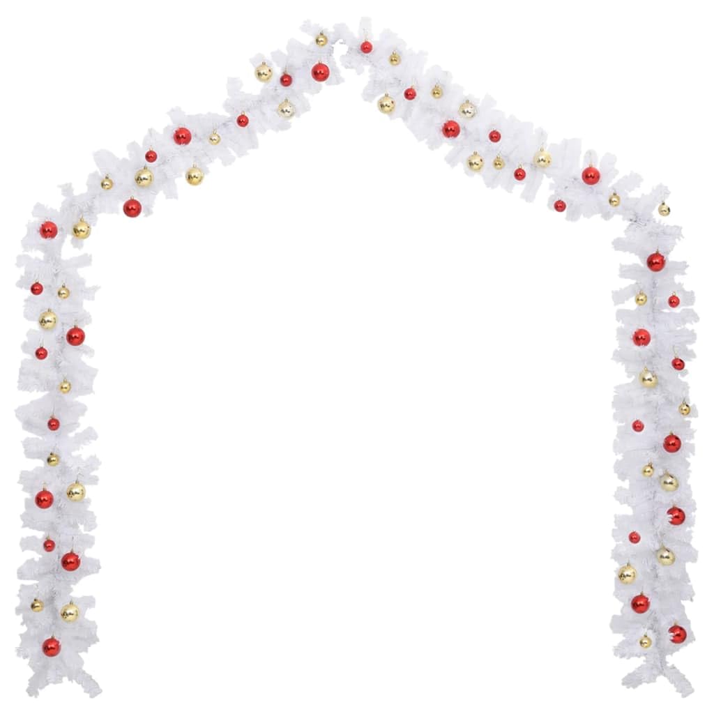 Weihnachtsgirlande Weiß mit Kugeln und Zweigen 10 m Länge, PVC wetterfest, für Innen und Außen, mit 32 roten und goldenen Kugeln, ideal zum Schmücken von Geländer, Kamin