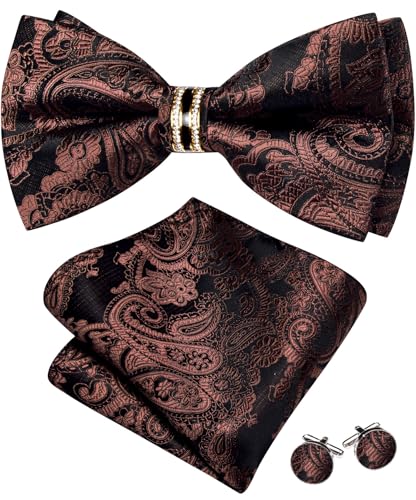 Image of YOHOWA Mens Bow Tie Set Paisley Pre-tied Bowties Adjustable with Handkerchief Cufflinks Gold Ring Set Wedding Prom Party