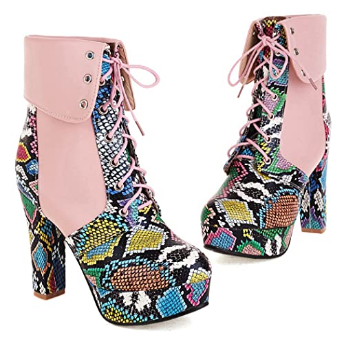 KIKIVIVI Womens Platform Snakeskin Ankle Boots Lace Up Chunky High Heel Booties2