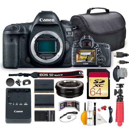 Canon EOS 5D Mark IV DSLR Camera Bundle | 30.4MP Full-Frame CMOS Sensor, Dual Pixel AF & 4K Video | for Pro Photos, Weddings, Portraits & Events (1483C002) + Adapter EF-EOS R + 64GB Card + More