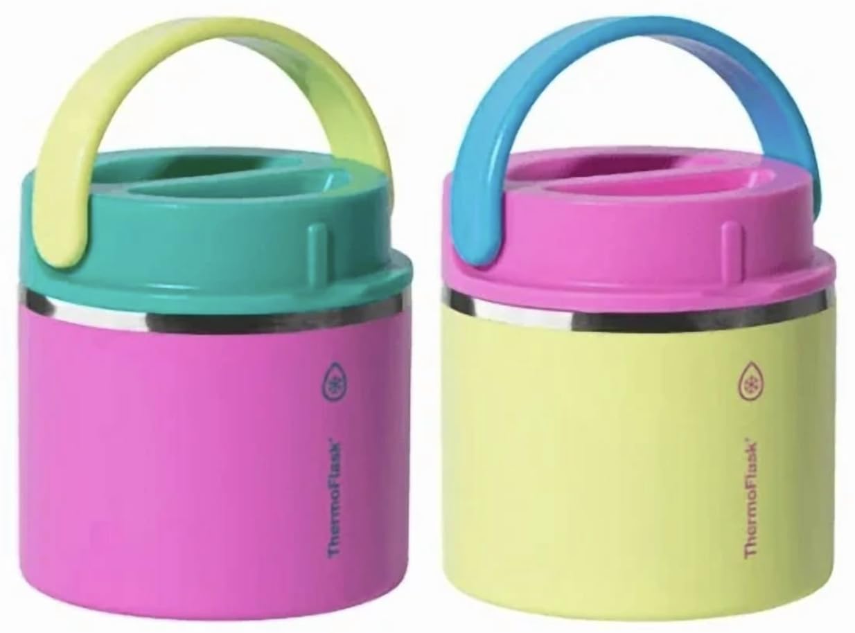 Thermoflask Tarro aislado para alimentos de 20 onzas, paquete de 2, rosa y azul, caliente 12 horas de frío 24 horas (rosa y amarillo)