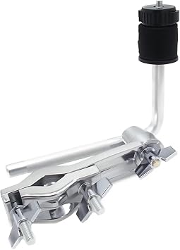 Silver Chrome Cymbal Boom Arm Clamp with L-Arm Rod Extension Mount | drum set mounting accessory, percussion stand fitting, holder bracket included, ride and hi-hat clip, studio and stage use