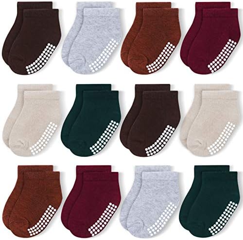 JAKIDAR 12 Pairs Baby Socks Non-Slip Toddler Socks With Grips for Baby Boys Girls - Ankle Low Cut Cotton Socks for Babe and Kids, Red Brown 12-24M