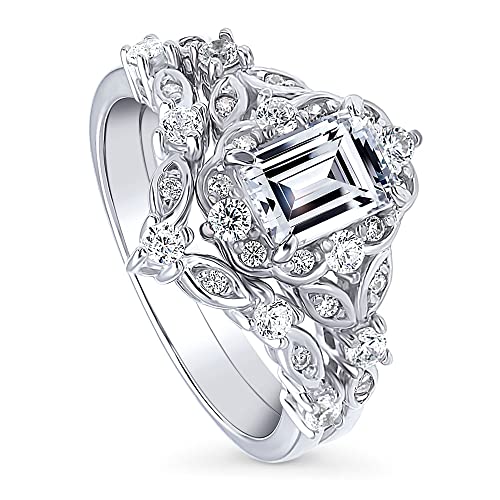 BERRICLE Sterling Silver Halo Wedding Engagement Rings Step Emerald Cut Cubic Zirconia CZ Wishbone Ring Set for Women, Rhodium Plated Size 4-10