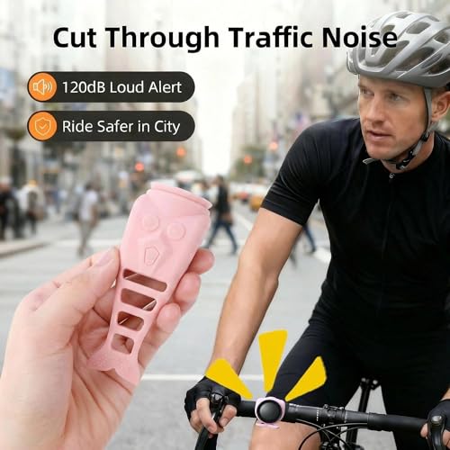 120dB Loud Bike Horn Electric Ebike Bell, Small Battery Operated Universal Mount Horns for Motorcycle Scooter Bicycle, Waterproof, USB C Rechargeable, 4 Funny Sounds & 5 Volume Settings (Pink)
