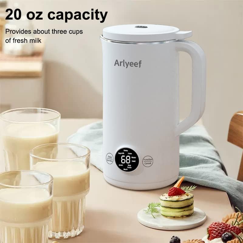 Arlyeef Automatic Soy Milk Maker, 20oz Homemade Nut/Almond/Oat/Coconut Plant-based Milks & Dairy Free Beverages Machine with Mesh Strainer, Boil Water, Delay Start/Keep Warm & BPA Free, White