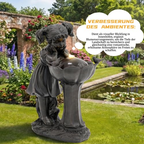 Gartenbrunnen mit Mädchen-Figur, 65,5 cm Springbrunnen Wasserspiel mit warmweißer LED-Beleuchtung, Gartendeko für Terrasse, Balkon & Rasen, Plätschern 55 dB, Kupferfarbe