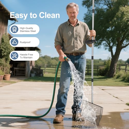 Image of 15inch Large Chicken Poop Scooper with Ergonomic Grip, 5 in 1 Adjustable Chicken Coop Pooper Shovel (24 to 76.5 inch), Stainless Steel Litter Sifting Shovel Scoop for Chicken Coop /Goat Stall /Stable