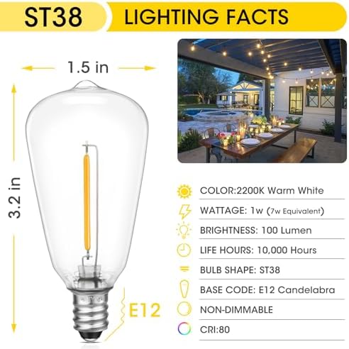 25팩 ST38 LED 야외 스트링 조명 교체 전구, E12 베이스 — 사진 2