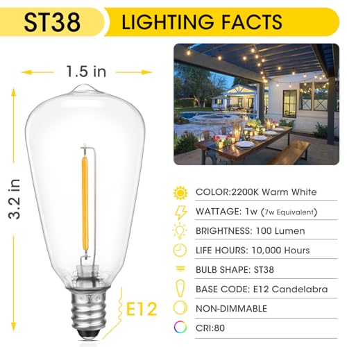 VISTERLITE E12/C7 Base LED Replacement Bulbs for ST38 Outdoor String Lights - Not Solar, Vinatge 1W LED Shatterproof Bulb, Warm White 2200K, 25 Pack by VISTERLITE - Used condition - Image 2