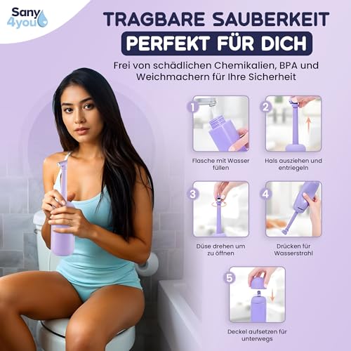 Sany4You | Die moderne Po-Dusche perfekt für unterwegs und zu Hause mit Travel Bag | 380ml | Tragbares Reise Bidet | Wochenbett-Pflege | Portable Bidet (Lila)