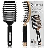 Boar Hair Brushes 2 Pack, Suitable for Men, Women & Kids’ Long Curly Wet or Dry Hair, HIPPIH Hairbrush for Thick Hair Can Adds Shine and Makes Hair Smooth