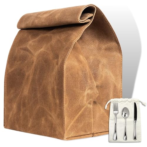 Bolsa de almuerzo de lona encerada, reutilizable, impermeable, para oficina, trabajo, escuela, aperitivos, bolsa de papel marrón, bolsas de almuerzo grandes para mujeres, hombres, niños, hecha de lona