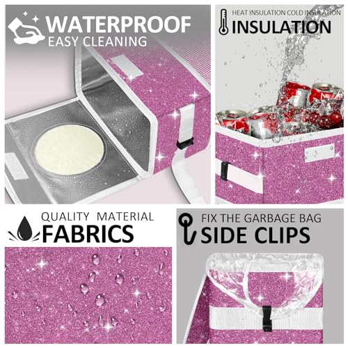 Image of Cute Mini Car Trash Bag with Lid, Glitter Garbage Can Bin Hanging for Back /Front Seat /Console, Waterproof, Leakproof, 2.5 Gallon, Purple Bling Sparkly