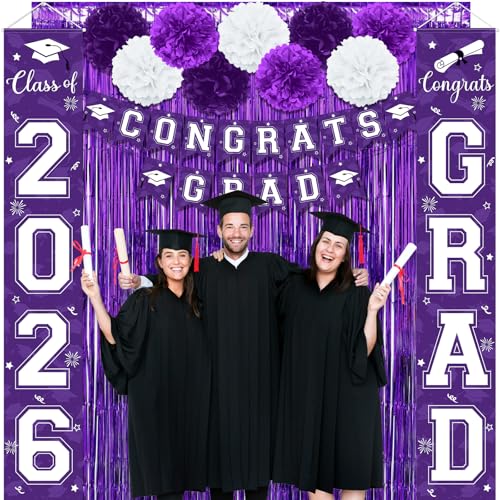 Image of Graduation Party Decorations Class of 2026, Graduation Decorations with Congrats Grad Banner Fringe Foil Curtain Paper Flower Ball Balloons for High School College Graduation Party Supplies, Purple