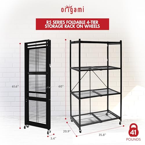 Image of Origami 3 Pack 4 Tier Foldable Metal Garage Storage Shelf Rack, Wheels & Powder Coated Steel, Black