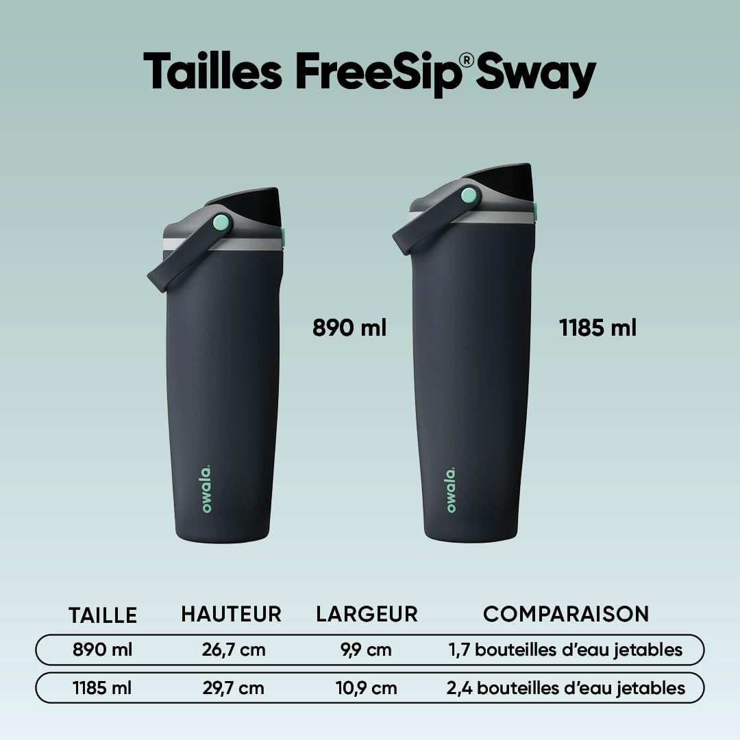 Owala FreeSip Sway gourde isotherme en acier inoxydable, avec bec 2‑en‑1, 1185ml, paille intégrée et poignée arceau, conçue pour les voyages, l’école et le sport, sans BPA, étanche, Foggy Tide